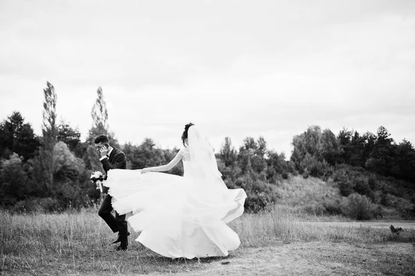 Newly married enjoy each other's company in a beautiful countrys — Stock Photo, Image