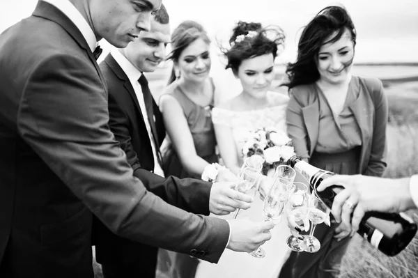 Para ślub i braidsmaids z drużbami picia szampana — Zdjęcie stockowe