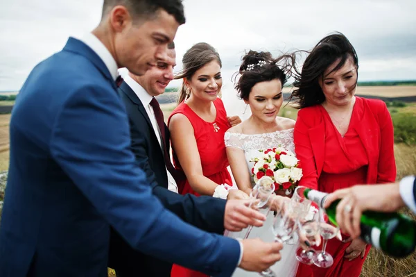 Esküvő házaspár és a vőfély pezsgőt isznak braidsmaids — Stock Fotó