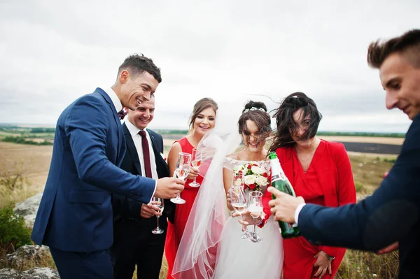 Pareja de bodas y trenzas con los padrinos bebiendo champán — Foto de Stock