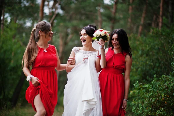 Fantástica novia con impresionantes damas de honor divirtiéndose en los frentes —  Fotos de Stock