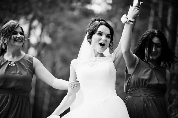 Fantastic bride with awesome bridesmaids having fun in the fores — Stock Photo, Image