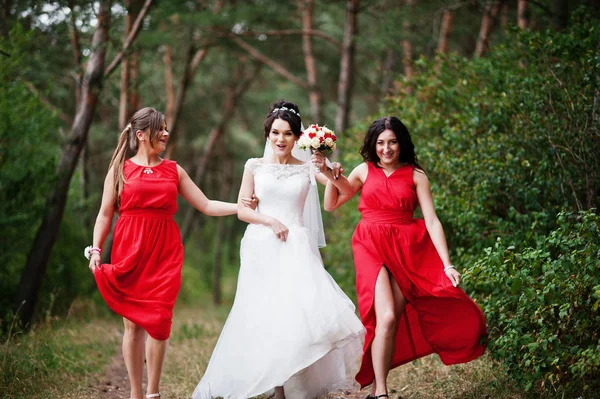Fantastische Braut mit fantastischen Brautjungfern, die Spaß in den Vorderbeinen haben — Stockfoto