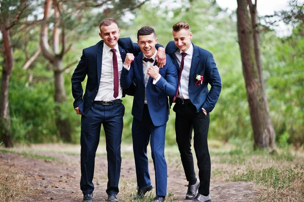 Knappe bruidegom met cool groomsmen wandelen in het bos en de hav — Stockfoto