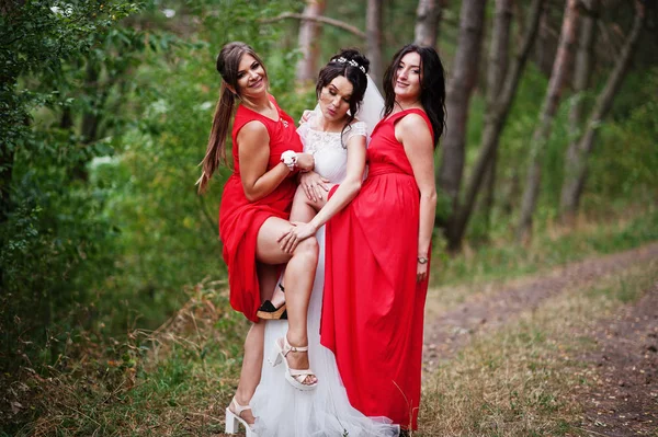 Fantastische bruid met ontzagwekkende bruidsmeisjes plezier in de fores — Stockfoto