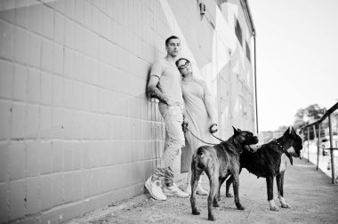 İki aşık çift çukur boğa korkunç bir yürüyüş köpekler.