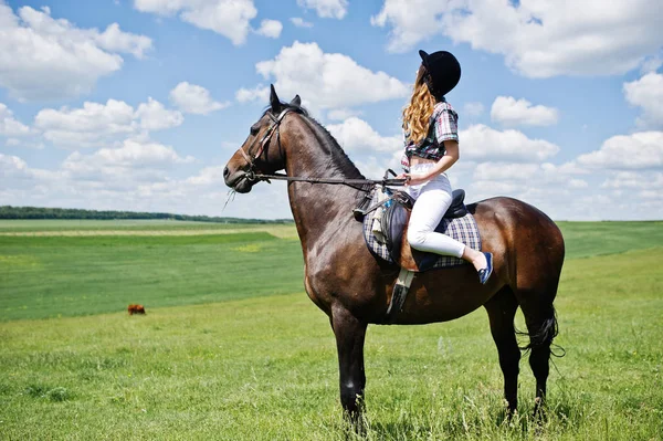 Menina bonita nova montando um cavalo em um campo no dia ensolarado . — Fotografia de Stock