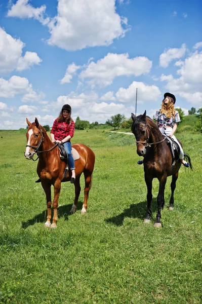 Tow jonge mooie meisjes een paarden rijden op een veld op een zonnige dag — Stockfoto