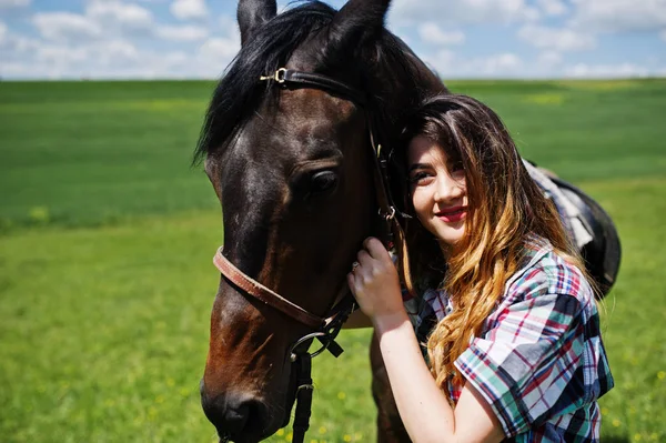 Young pretty girl stay with horse on a field at sunny day. — Stock Photo, Image