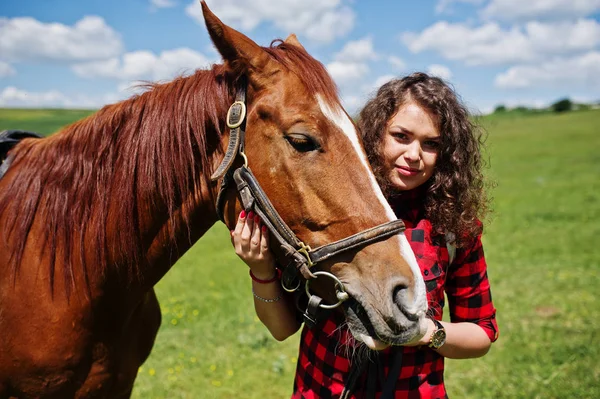 Młoda Ładna dziewczyna pobyt u koni na polu w słoneczny dzień. — Zdjęcie stockowe