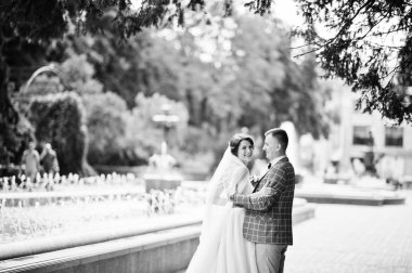 İki çekici genç düğün yürüyor ve park o poz