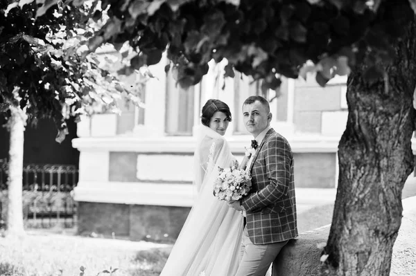 Mariage impeccable jeune couple marchant dans les rues de la ville sur un ensoleillé — Photo