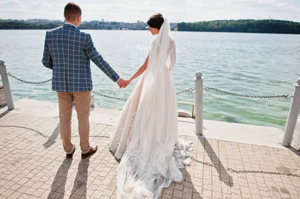 Приголомшлива весільна пара, що йде на березі озера в сонячний день . — стокове фото