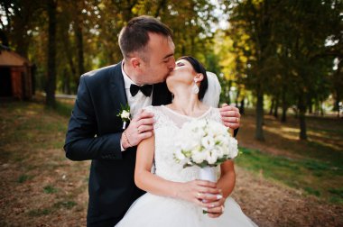 Onların w parkta öpüşme çarpıcı ve çekici yeni evliler