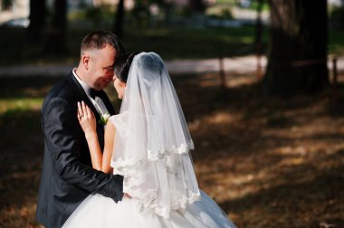 İnanılmaz genç muhteşem yeni evli çift bir yürüyüş alarak