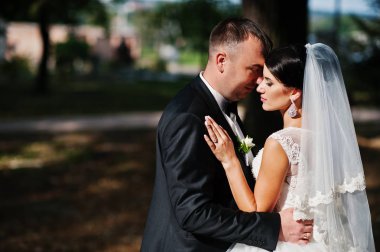 İnanılmaz genç muhteşem yeni evli çift bir yürüyüş alarak