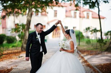 İnanılmaz genç muhteşem yeni evli çift bir yürüyüş alarak