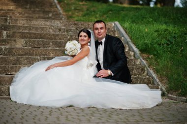 Parkta merdivenlerde poz mükemmel düğün çifti.