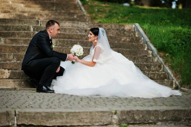 Parkta merdivenlerde poz mükemmel düğün çifti.