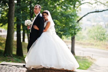 İnanılmaz genç muhteşem yeni evli çift bir yürüyüş alarak