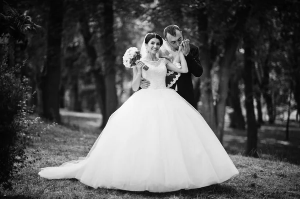 Incredibile giovane splendida coppia appena sposata fare una passeggiata nel — Foto Stock
