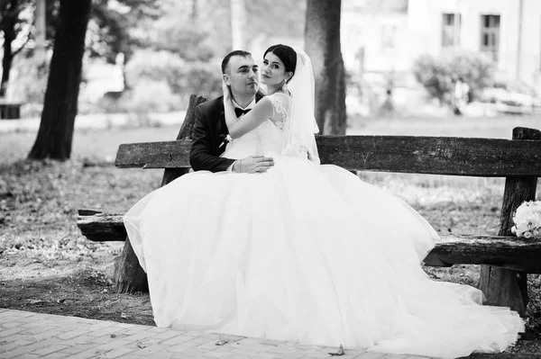 Casal de casamento fantástico sentado no banco no parque no — Fotografia de Stock