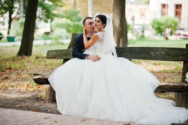 Fantastic wedding couple sitting on the bench in the park on the — Stock Photo, Image