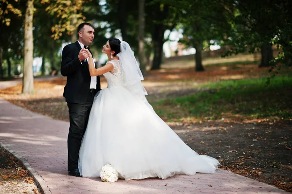 Incredibile giovane splendida coppia appena sposata fare una passeggiata nel — Foto Stock