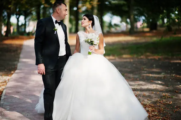 Incrível jovem lindo casal recém-casado dando um passeio no — Fotografia de Stock