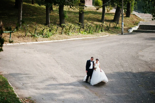 Incredibile giovane splendida coppia appena sposata fare una passeggiata nel — Foto Stock