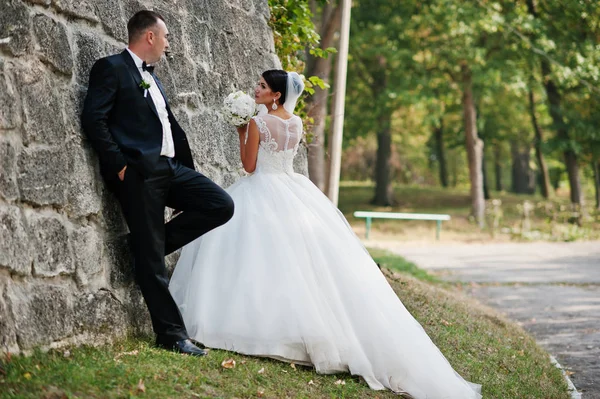 Tjusig bröllop par njuter av varandras sällskap mot enorma — Stockfoto