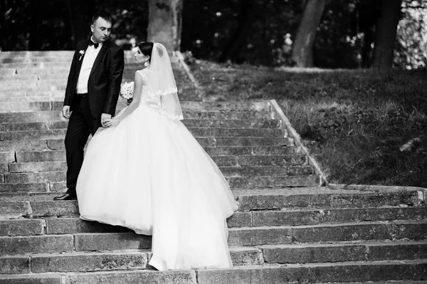 Couple de mariage parfait posant dans les escaliers du parc. Noir a — Photo