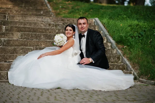 Parkta merdivenlerde poz mükemmel düğün çifti.