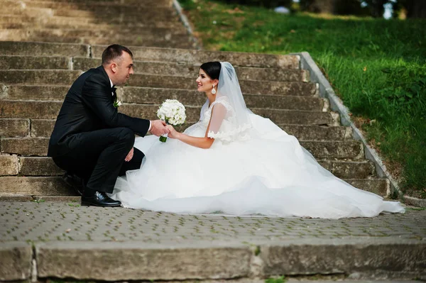 Parkta merdivenlerde poz mükemmel düğün çifti.