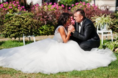 Çarpıcı bir gard çimlere oturup muhteşem Düğün çifti