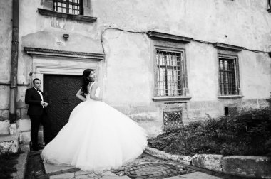 İnanılmaz genç çekici yeni evli iki yürüyor ve poz