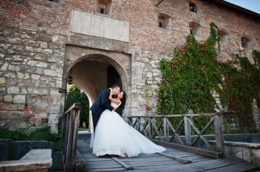 İnanılmaz genç çekici yeni evli iki yürüyor ve poz