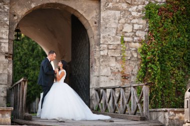 İnanılmaz genç çekici yeni evli iki yürüyor ve poz