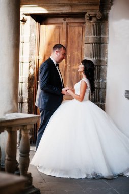 İnanılmaz genç çekici yeni evli iki yürüyor ve poz