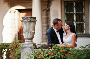 İnanılmaz genç çekici yeni evli iki yürüyor ve poz