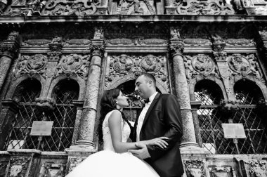 İnanılmaz genç çekici yeni evli iki yürüyor ve poz