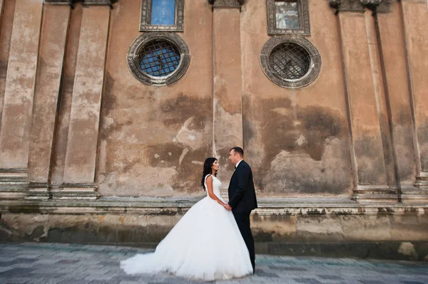 İnanılmaz genç çekici yeni evli iki yürüyor ve poz