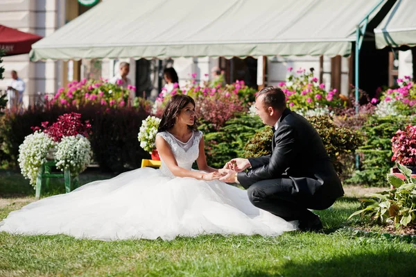 Fantastic wedding couple sitting on the grass in a stunning gard