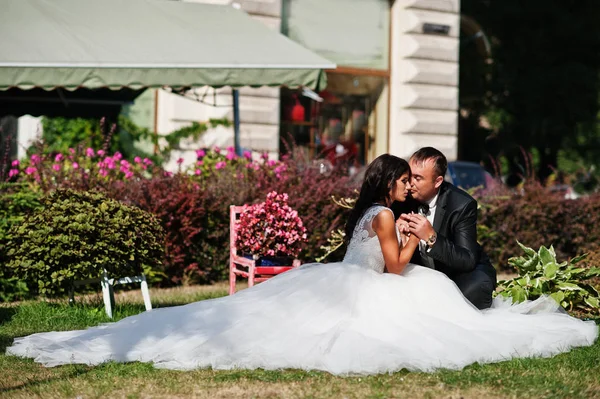 Fantastic wedding couple sitting on the grass in a stunning gard — Stock Photo, Image