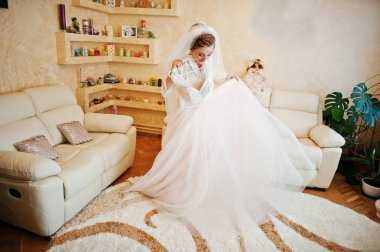 Harika bir gelin onu muhteşem beyaz Çar ile poz portresi