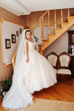 Muhteşem bir gelin düğün evinde poz portresi 