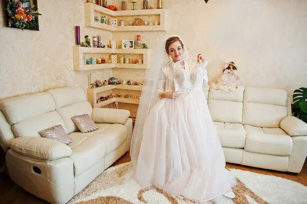 Porträtt av en fantastisk brud poserar med hennes underbara vita ons — Stockfoto