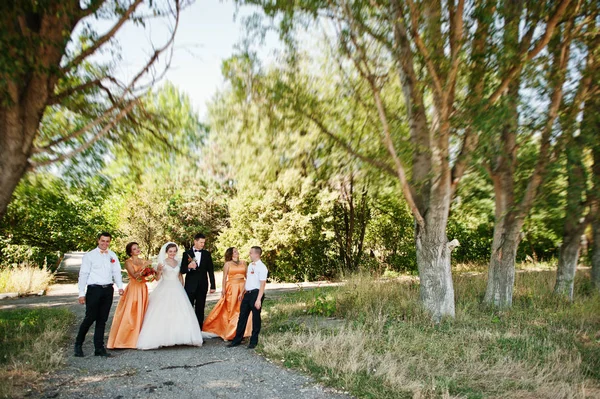 Casal bonito andando e se divertindo com padrinhos e damas de honra no parque . — Fotografia de Stock