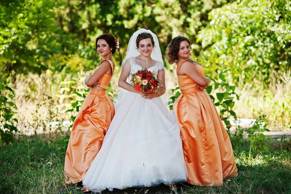 Happy bride having fun with her cool fun bridesmaids in the park — Stock Photo, Image
