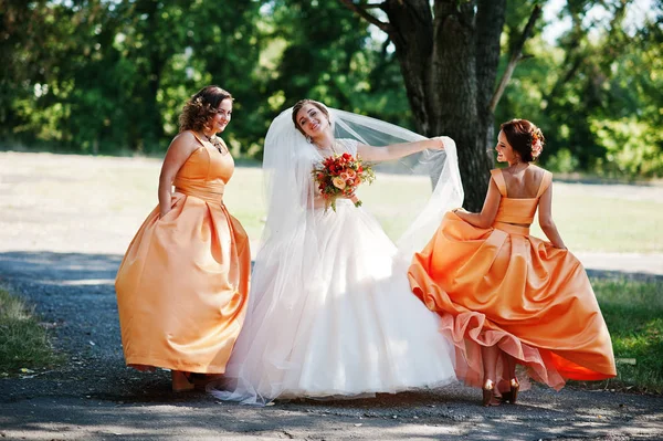 Noiva feliz se divertindo com suas damas de honra divertidas no parque — Fotografia de Stock